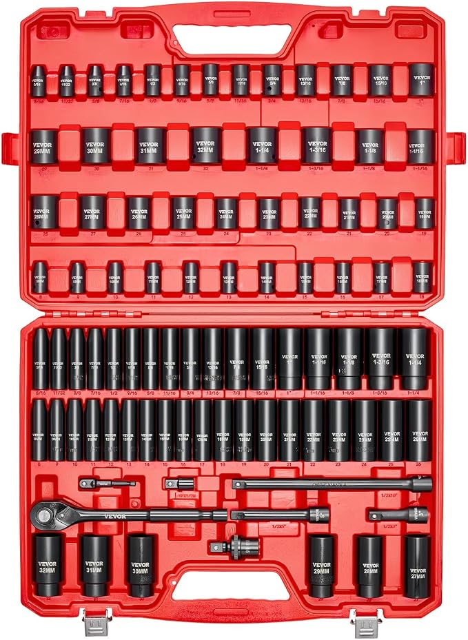 VEVOR 91-Piece 1/2" Drive Impact Socket Set, Deep & Shallow Kit | SAE (5/16" to 1-1/4") & Metric (8 to 32 mm), 6 Point, CR-V, Ratchet Handle, Universal Joint, Adapters, Extension Bars