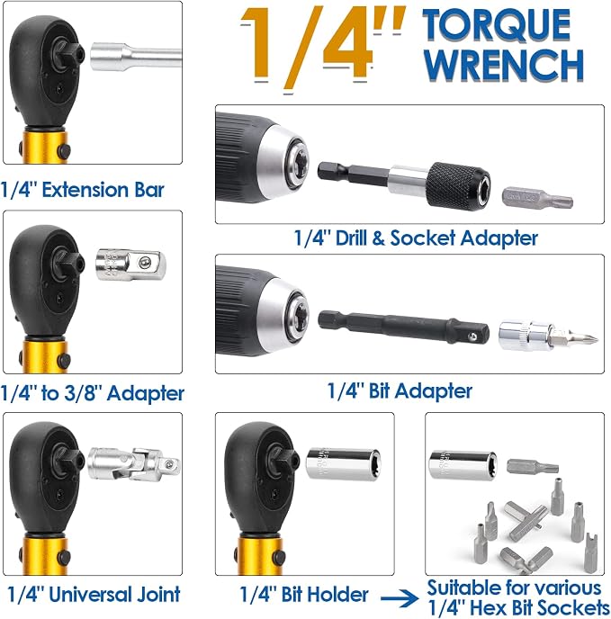 50Pcs Master Bike Torque Wrench Set, 1/4 Inch Drive, 10-230 IN.LB (1-26.0 Nm), Inch Pound Click Torque Wrench with Bit Sockets, 0.1 Nm Micro, 3/8 Adapter, Pro Bicycle Tool Kit for MTB
