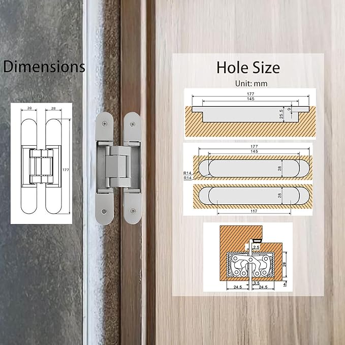 4-Pack 7 inch Silver Hidden Door Hinges,Heavy Duty Zinc Alloy Concealed Hinges, 180 Degree Invisible Hinge, 3 Way Adjustable Butt Hinge