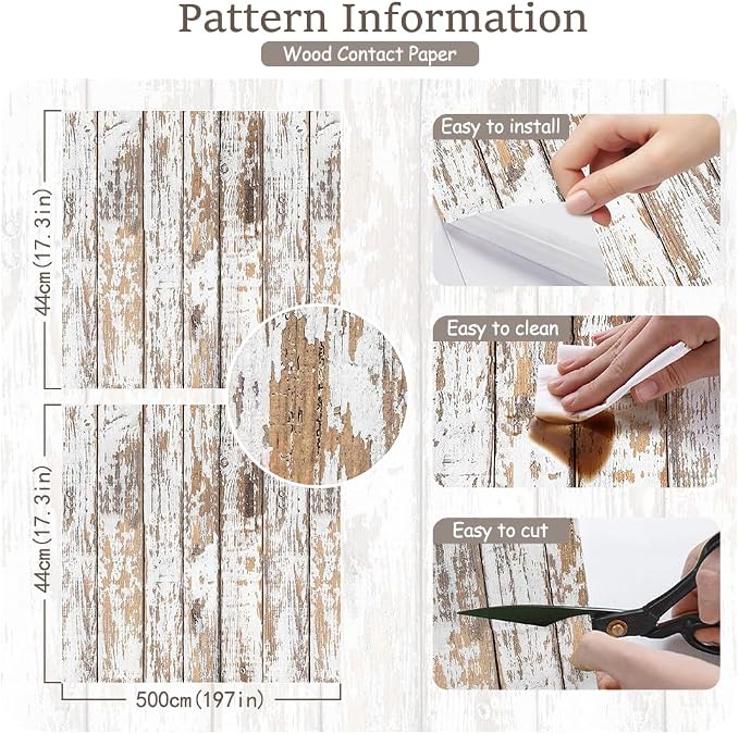 White and Brown Wood Wallpaper Vintage 17.3"x197" Distressed Light Wood Contact Paper Peel and Stick Wallpaper Self Adhesive Removable Wall Paper Shiplap Wood Grain Contact Paper for Cabinets Vinyl