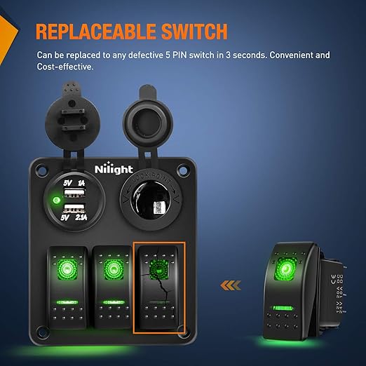 Nilight 6 Pack Rocker Switches with Night Glow Stickers 5 PIN SPST Rocker Switches with Green Backlit 12V/24V Toggle Switches for Cars Trucks RVs Boats Auto Motorcycles,2 Years Warranty