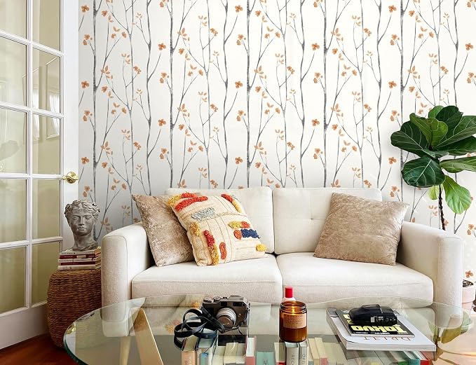 Timeet Peel and Stick Wallpaper White and Orange Floral Wallpaper Boho Leaf Contact Paper Self Adhesive Removable Wall Paper for Bedroom Bathroom Cabinet Wall Decoration 16"x197"