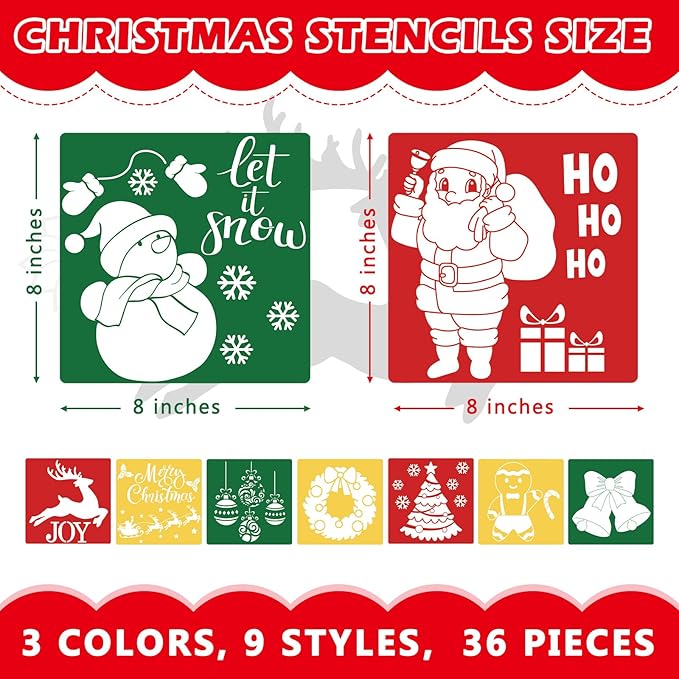 36pcs Christmas Drawing Stencils for Kids 8 Inches Holiday Sidewalk Chalk Stencils Painting Large Washable Reusable Christmas Themed Primary Shape Template for Kids Toddlers Preschool