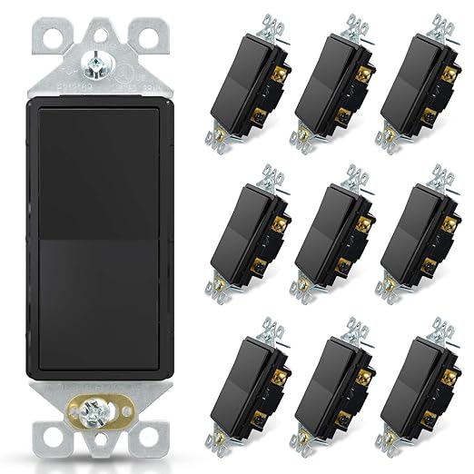 ELEGRP 3 Way Decorative Light Switch, 15Amp, 120-277 Volt, AC Decorator Rocker Paddle Wall Switch Replacement, Self-Grounding, Residential and Commercial Grade, UL Listed (10 Pack, Glossy Black)