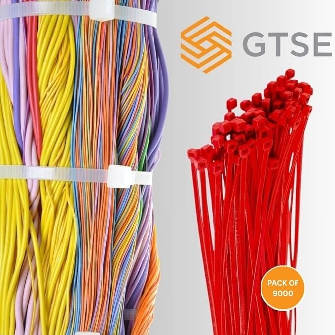GTSE 12 Inch Red Zip Ties, 9,000 Bulk Contractors Pack, 50lb Strength, UV Resistant Long Nylon Cable Ties, Self-Locking 12" Tie Wraps, Full Carton