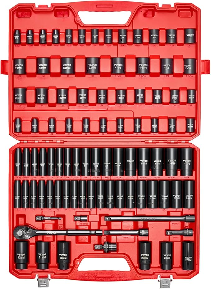 VEVOR 91-Piece 1/2" Drive Impact Socket Set, Deep & Shallow Kit | SAE (5/16" to 1-1/4") & Metric (8 to 32 mm), 6 Point, CR-V, Ratchet Handle, Universal Joint, Adapters, Extension Bars