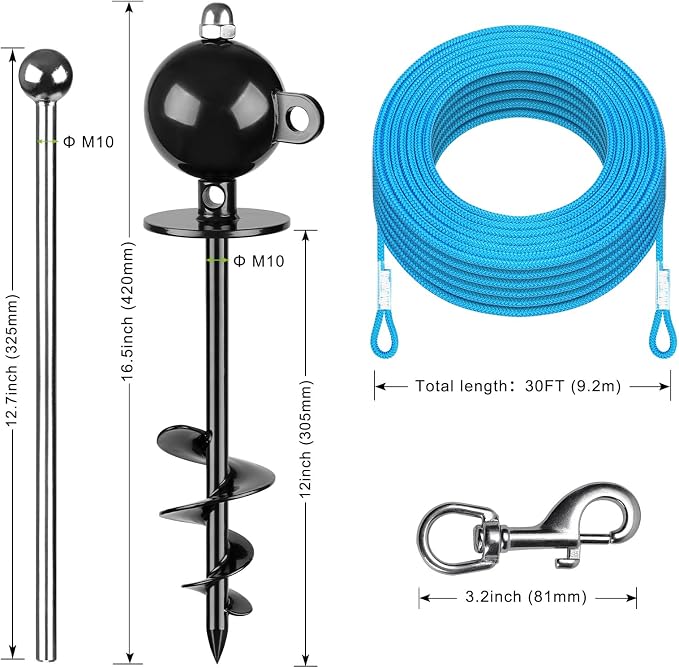SELEWARE Dog Tie Out Stake, Outdoor Dog Anchor with 30FT Dog Leash Rope | 16.5" Long Anti-Rust Heavy Duty Dog Stake for Large Dogs up to 220 lbs, Easy Install with Twist Rod for Yard Camping Outside