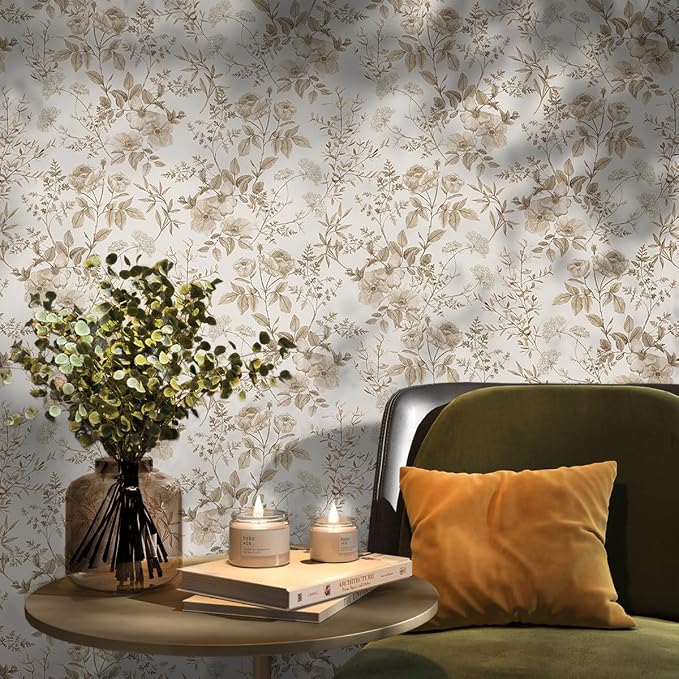 Erfoni 16.9" x118" Boho Floral Peel and Stick Wallpaper Beige Flower and Leaf Contact Paper Self Adhesive Removable Wallpaper Boho Botanical Wall Paper for Bedroom Cabinets Decor Vinyl Roll Waterproof