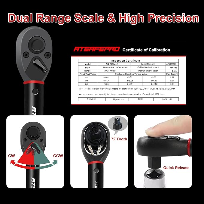 1/4" Torque Wrench (20-240 in-lb / 2.3-27.1 Nm) -Dual Scale, 72-Tooth Ratchet, ±3% Pre-Calibrated Accuracy, Suitable for Bike & Bicycle Maintenance