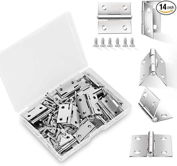 14 Sets Small Hinges with Screws, Stainless Steel Jewelry Box Hardware Hinges Silver, 1 Inch Mini Hinges for Wooden Box, Miniature Folding Butt Hinges, Small Hinge Metal
