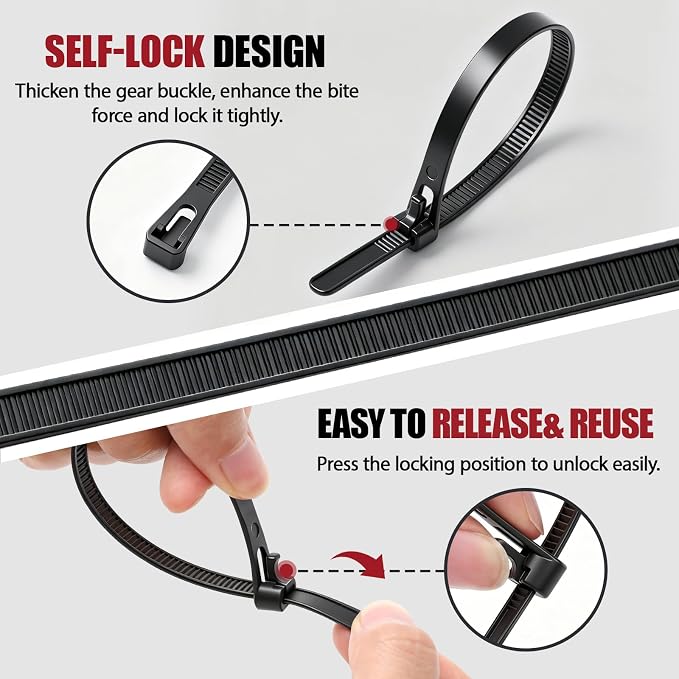Reallnaive 500 Pcs 18 Inch Reusable Zip Ties,120 Lbs Tensile Strength Releasable Black Tie Wraps, Wire Ties Removable, Cable Tie Straps, for Cord Management, Garden, Home & Office