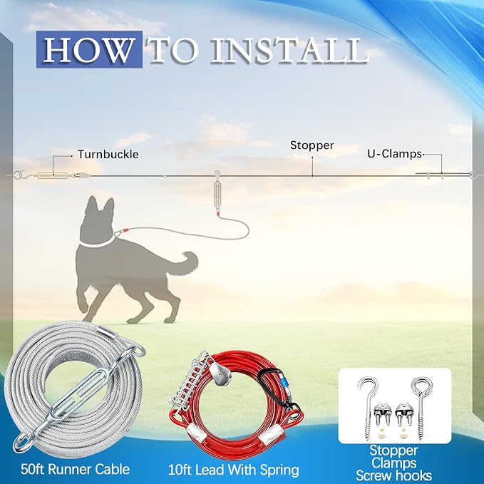 Dog Tie Out Runner for Yard,Trolley System for Large Dogs,Heavy Duty Dog Run Cable 100ft with 10ft Pulley Runner Line for Dogs Up to 250lbs,Yard or Camping