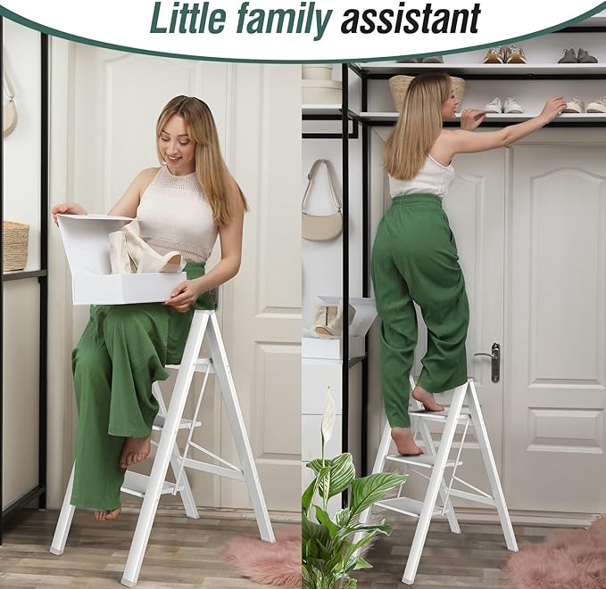 HBTower 3 Step Ladder, Aluminum Ladder, Folding Step Stool for Adults, 330LBS Capacity Sturdy& Portable Ladder for Home Kitchen Library Office, White
