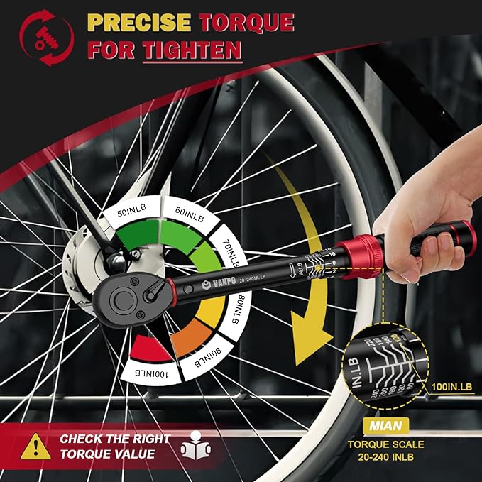VANPO Torque Wrench 1/4-Inch Drive for Bike, 20-240 in.lb | Click Type, 2.3-27.1 Nm, Inch Pound Torque Wrench Set with 1/4" to 3/8" Adapter, 10cm Extension Bar for MTB, Bicycle Repair