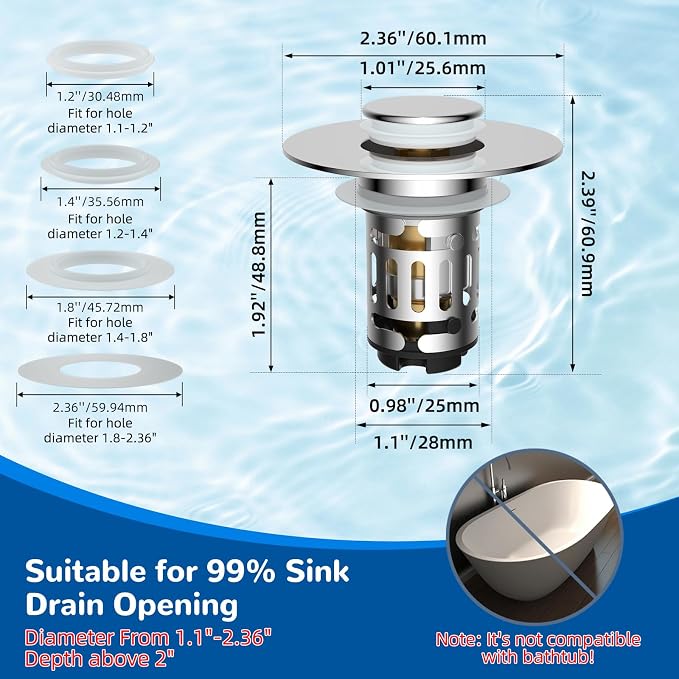 Hibbent 4 Pack Upgraded 3 in 1 Bathroom Sink Drain Strainer, Universal Pop Up Stopper with Removable Stainless Steel Filter Basket Hair Catcher, Sink Plug for 1.1''~2.36'' Basin, Brass Core, Chrome