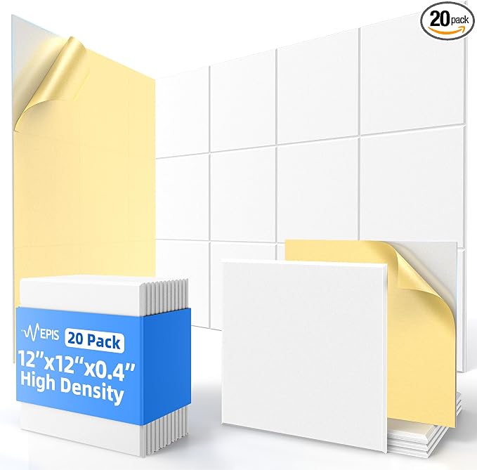 20 Pack Acoustic Panels with Self Adhesive Sound Proof Foam Panels for Wall | 12" X 12" X 0.4" High Density Soundproof Wall Panels, Brick Sound Absorbing Panels for Home Studio Office Decor - White