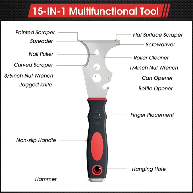 DEKEones Paint Scraper Tool, Stainless Steel 14-in-1 Painters Tool, Heavy Duty Multi-Purpose Filler Tool for Painting, DIY - Professional Paint Remover