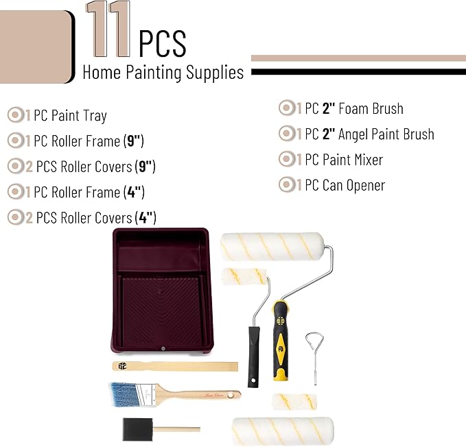 Bates Choice Paint Tray Set, 11 pcs, Paint Roller Kit, 9" & 4" Rollers, Small Paint Roller, Paint Roller Tray, 2" Angle Paintbrush, Foam Brush, Red Paint Tray