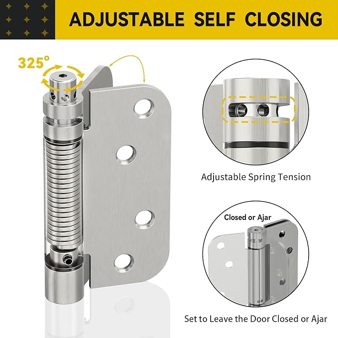3 Pack Self Closing Door Hinges, 4 Inch Spring Loaded Door Hinges for Garage, Front, Back Door, Left/Right Hand, Adjustable Tension, 5/8'' Radius Corners, UL Listed, Brushed Nickel