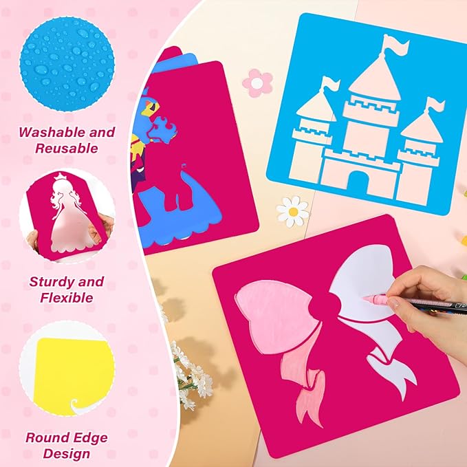 36pcs Princess Drawing Stencils 8 Inch Sidewalk Chalk Stencils Painting Large Washable Reusable Garden Theme Princesses Fairies Primary Shape Template
