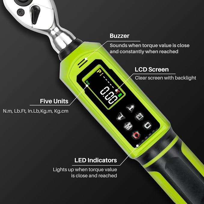 1/4" Digital Torque Wrench -0.33-22Ft.Lb for Bike Motorcycle Repair | Electronic Torque Wrench 1/4 Drive(0.45-30 N.m),Vibration Buzzer LED Indicator,±2% Acc. 5 Units for Precision Parts Engine