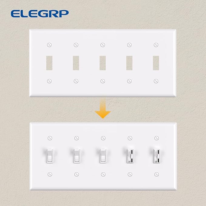 ELEGRP 5-Gang Toggle Switch Wall Plates, Standard Size 4.52" H x 10.03" L Unbreakable Thermoplastic Faceplate Cover for Toggle Dimmer Light Switches, UL Listed (2 Pack, Glossy White)