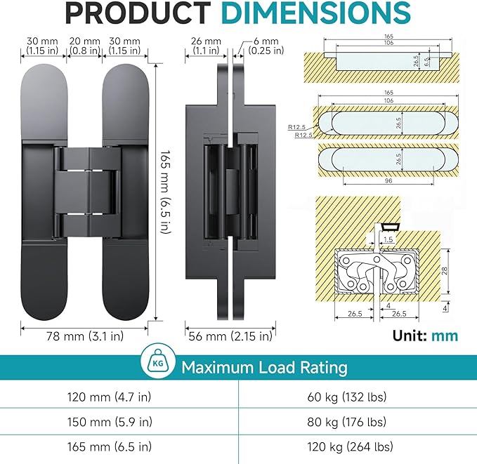 6.5" Hidden Door Hinges, Invisible Concealed Hinges, 180° Swing Adjustable Butt Hinge, Silent Operation, Ideal for Secret Rooms, Bookcase Doors & More (Black, 2 Pack)