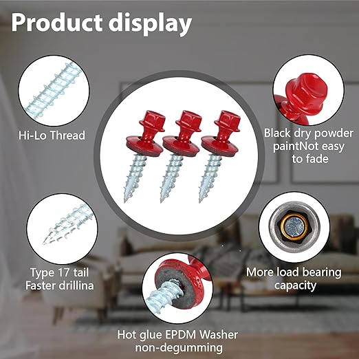 Metal Roofing Screws 10 x 1 inch, Red Hex Head Sheet Metal Roof Screw with EPDM Washer for Corrugated Roofing (250Pcs)