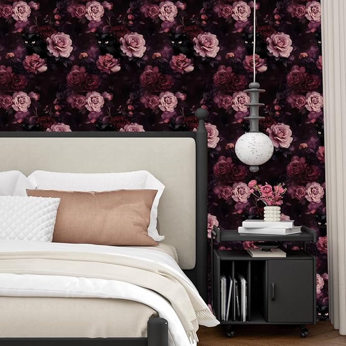 Purple Pink Vintage Cat Peel and Stick Wallpaper 17.5" x 118" | Waterproof Vinyl Self Adhesive Removable Renter Friendly Floral Contact Paper