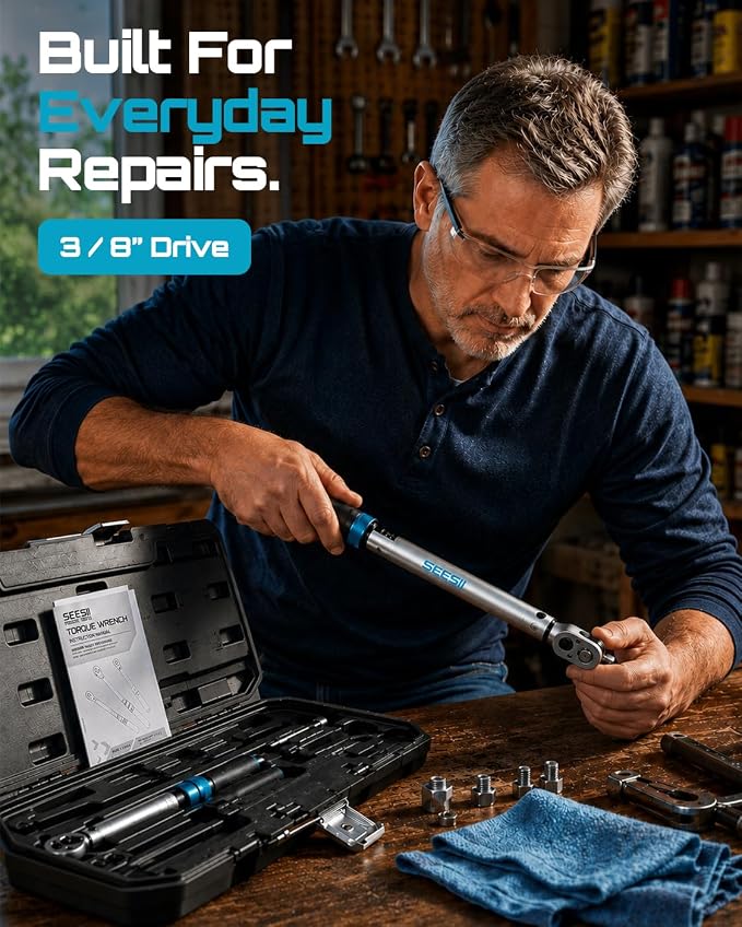 Seesii Torque Wrench Set 1/4" 3/8" 1/2" Drive | ±3% Accuracy, Click Type Torque Wrench Kit with Adapters for Car, Motorcycle, Bike Repair