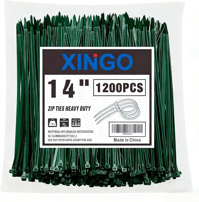 XINGO 14 Inch Garden Green Zip Ties 1200PCS, 75 LBS Ultra Strong Tensile Strength, UV Resistant Cable Ties, Self-locking Plastic Ties for Indoor and Outdoor Use