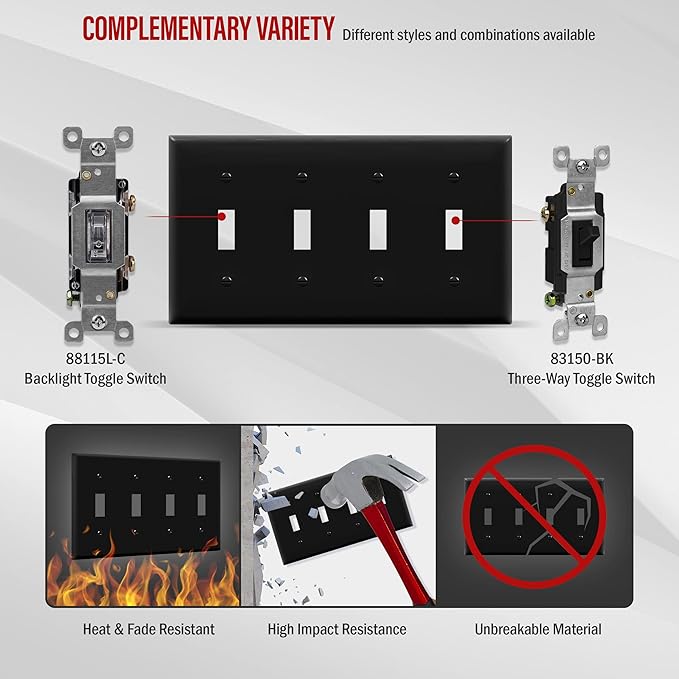 ENERLITES Quad Toggle Light Switch Wall Plate, Standard Size 4-Gang 4.50" x 8.19", Unbreakable Polycarbonate Thermoplastic, 8814-BK, Black