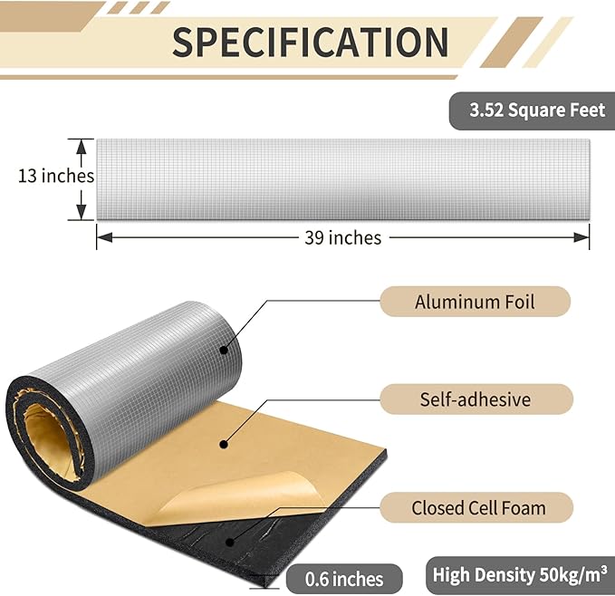 TroyStudio Sound Proof Closed Cell Foam, Self-Adhesive 13" x 39" Heat Shield Acoustic Rubber Foam Sheet - Waterproof Noise Vibration Thermal Insulation Roll for Home, Car, HVAC, Pipe, Machine