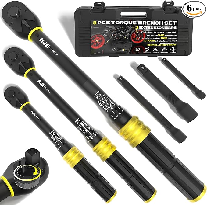 KJE 3PCS Torque Wrench Set, 1/4 & 3/8 & 1/2-Inch Drive 72-Tooth Adjustable Click Torque Wrenches, Maximum 170 ft.lb, Dual-Scales/Direction, ±3% Accuracy, For Bike, Motorcycle, Car, Lug nut, Automotive