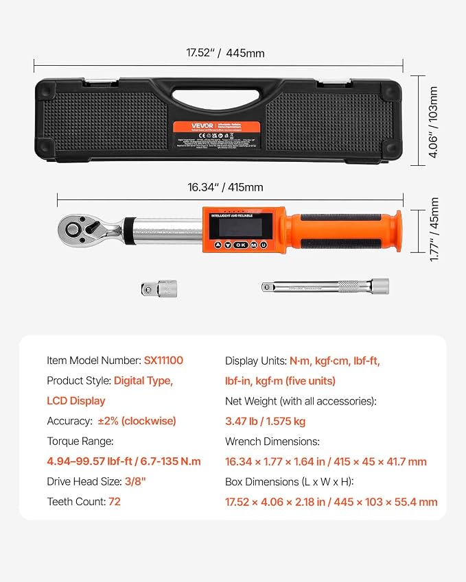 VEVOR Digital Torque Wrench, 3/8-Inch Drive, 4.94–99.57 lbf-ft, 72-Tooth, ±2% Precision Electronic Wrench with Preset Function, Audible Alert, and LED Indicator for Automotive and Motorcycle Use