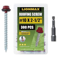 LIONMAX Metal Roofing Screws #10 × 2-1/2 Inch, 300-PCS, Dark Red Painted Hex Head Sheet Metal Roof Screws, Rubber Washer, Sharp Point, Metal to Wood Siding Screws, Hex Socket Included