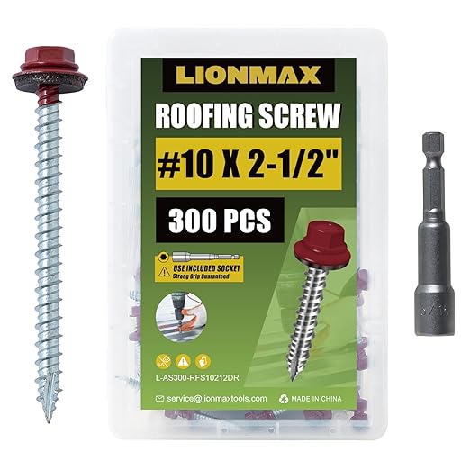 LIONMAX Metal Roofing Screws #10 × 2-1/2 Inch, 300-PCS, Dark Red Painted Hex Head Sheet Metal Roof Screws, Rubber Washer, Sharp Point, Metal to Wood Siding Screws, Hex Socket Included