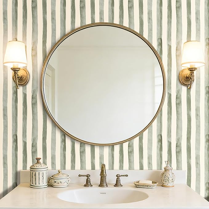 17.5x393 Striped Peel and Stick Wallpaper Watercolor Sage Green Neutral Wallpaper for Bathroom Nursery Boys Room Kids Renter Friendly Light Green Off White Striped Contact Paper Adhesive