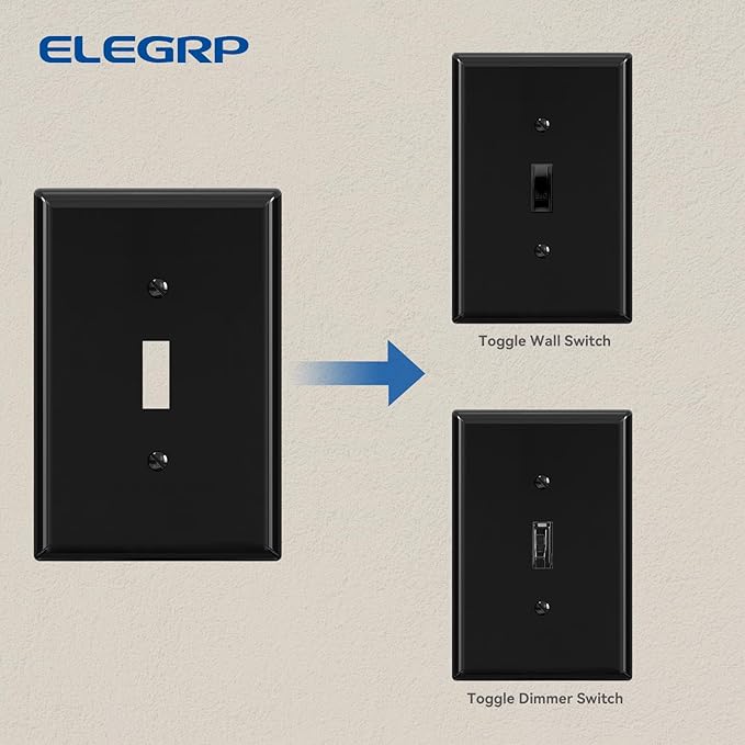 ELEGRP Large Size Toggle Switch Wall Plate, 1-Gang Light Switch Covers, Unbreakable Polycarbonate Replacement Faceplates Covers, UL Listed, Color-matched Screws Included (10 Pack, Glossy Black)