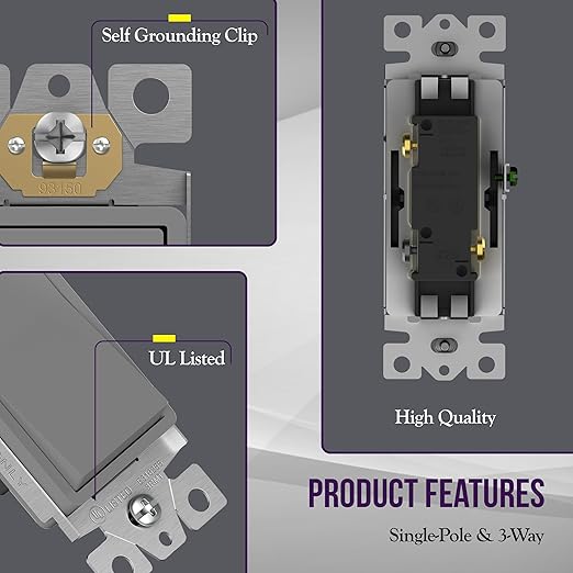 ENERLITES Decorator Switch with Wall Plate, Paddle Light Switch, 3-Way or Single Pole, 3 Wire, Grounding Screw, Residential Grade, 15A 120V, UL listed, 93150-GYWP, Gray with Wall Plate