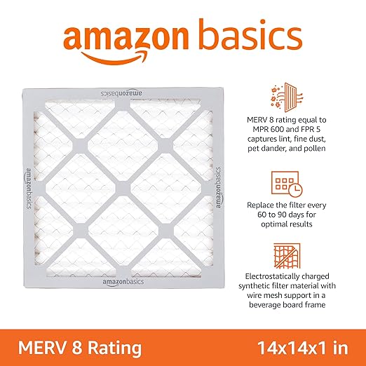 Amazon Basics 14x14x1 Air Filter, MERV 8 AC Furnace Filters, Allergy Control, Electrostatic, Air Cleaning, 6-Pack (Actual Size: 13.75" x 13.75" x 0.75")