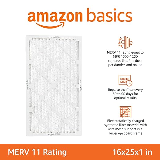 Amazon Basics 16x25x1 Air Filter 6-Pack, MERV 11 Electrostatic AC Furnace Filters for Allergies, Captures Dust and Pollen (Actual Size: 15.75" x 24.75" x 0.75")