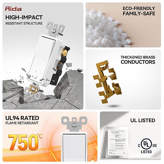 AIDA 1 Pack 4 Way Rocker Decora Light Switch, 15 Amp Self-grounding Electrical Light Switches, Residential Grade, UL Listed, Glossy White