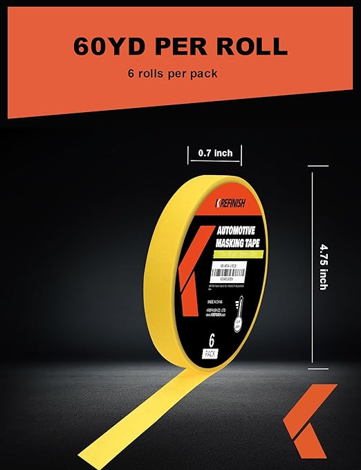 KREFINISH Painters Tape for Cars Vehicles Paint Tape Auto Body Yellow Masking Tape Heat Resistant Automotive Removable No Residue Painting Tape Bulk Set for Paint Booth, 0.7in-60 yards/6rolls