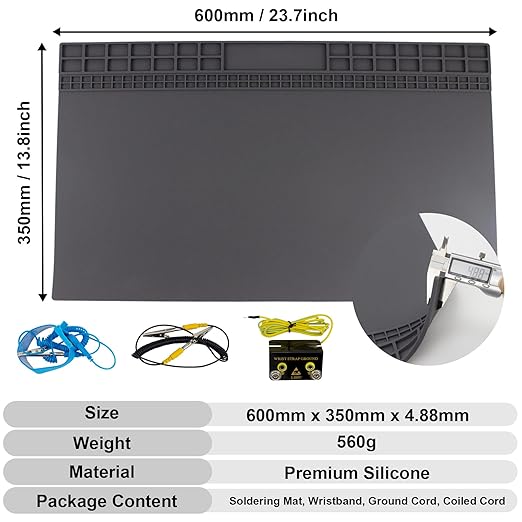 23.7'' x 13.8'' Large Soldering Mat with Wrist Strap and Grounding Accessories, 932°F Heat Resistant Silicone Repair Mat, Extra Large Work Mat for Electronics Cellphone Laptop Repair (Grey)