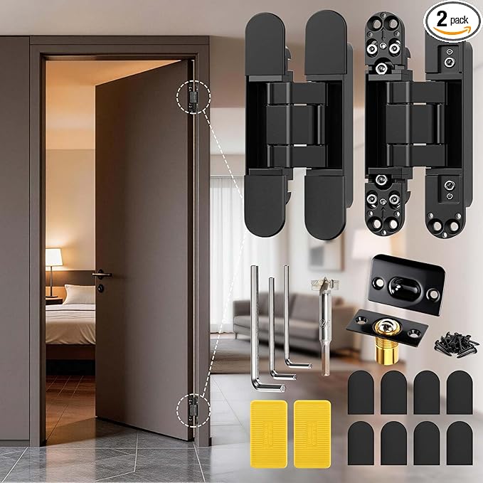 6inch Hidden Door Hinge,Concealed Hinges,Hidden Door Hardware kit,Invisible Door Silent 180 Degree Swing Hinge 3-Way Adjustable Butt 6 x 2.5 x 1inch (Black, 7 inches)