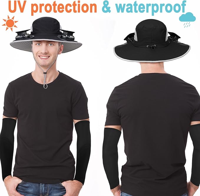 Glitopper 2 Set Wide Brim Solar Fan Hats with 2 Solar Fan and Arm Sleeves Set Outdoor Fishing Bucket Hat for Men Women Hiking