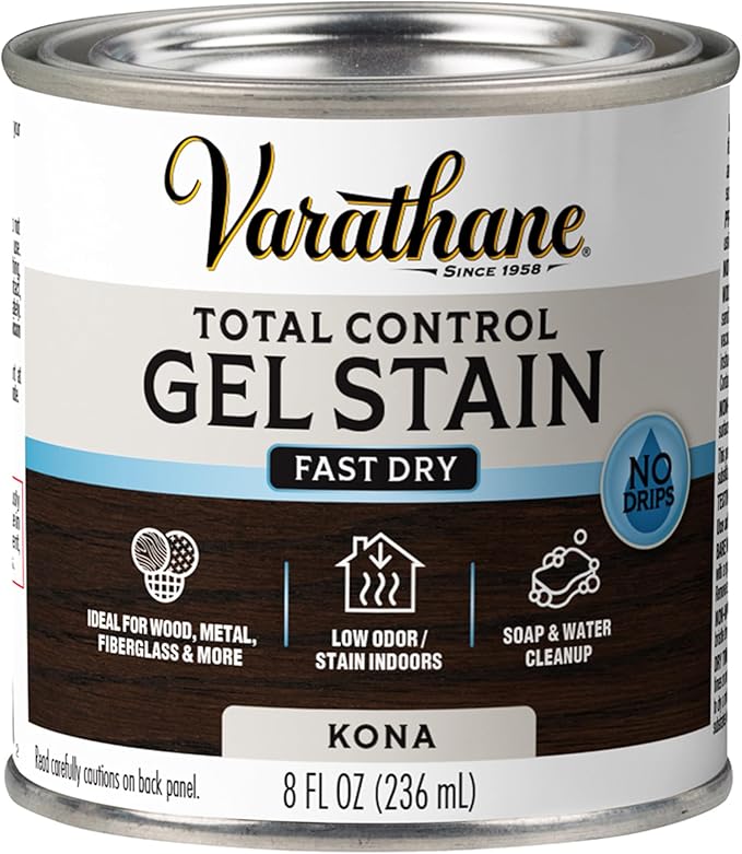 Varathane Total Control Gel Stain | Low Odor Water-Based Formula | Thick Gel Formula for Vertical Surfaces | Ideal for Wood, Metal & Fiberglass | Half Pint | Kona