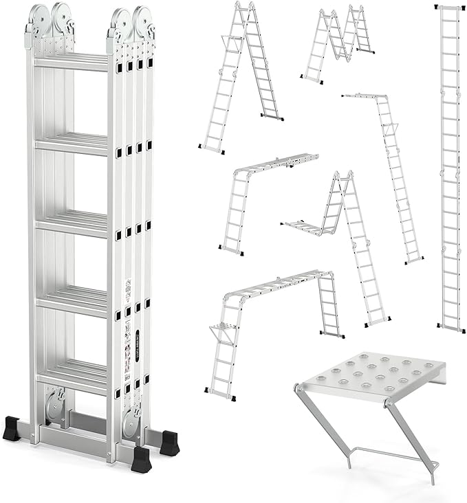 18.5 FT Folding Ladder, LUISLADDERS Multi-Purpose Ladder, Aluminium Extension Ladders 7 in 1 Heavy Duty Combination EN 131 Standard