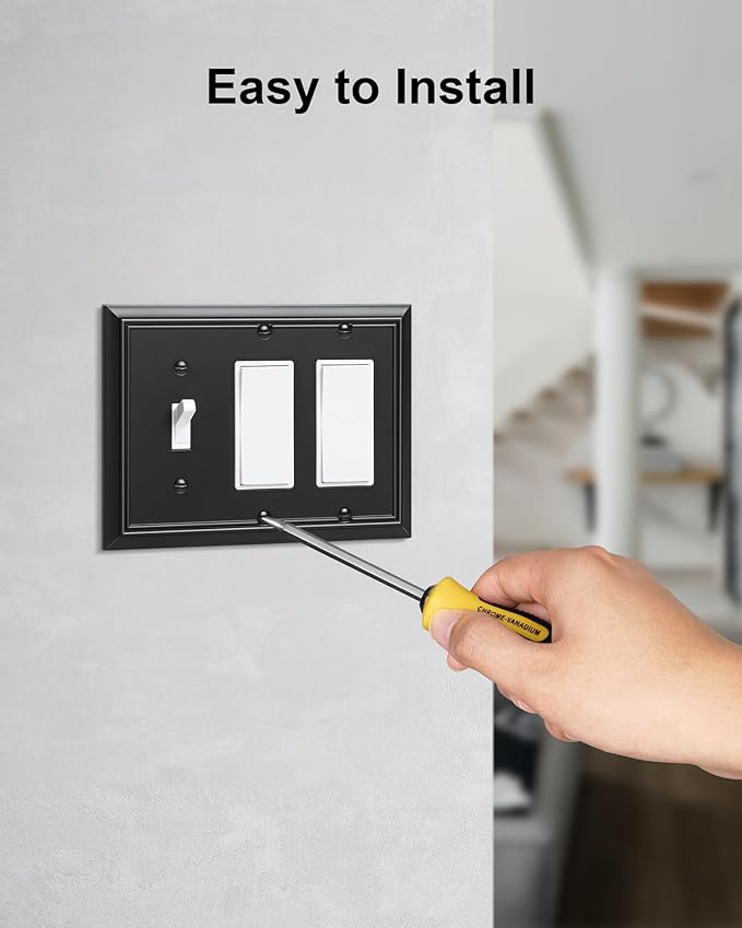 2-Pack Combo Toggle/Double Decorator Outlet Cover Plate, Black Decorative Switch Plates and Outlet Covers, Durable Natural Bamboo Fiber Wall Plates for Electrical Outlets, Receptacle, GFCI Outlet